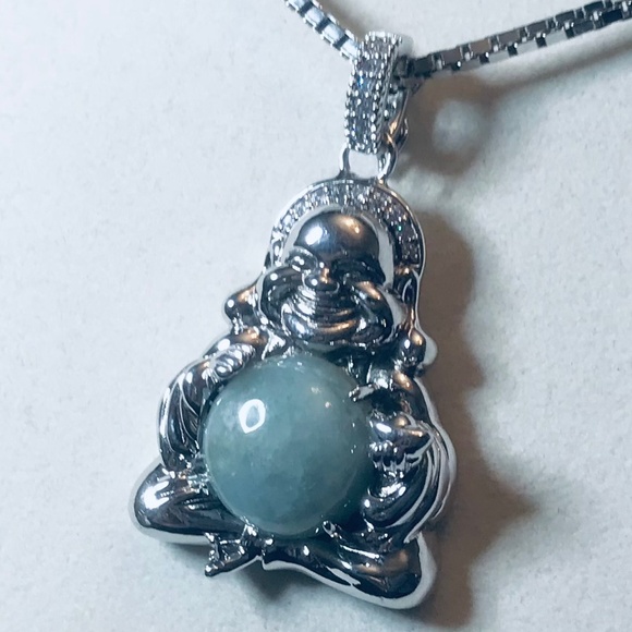 Sterling Silver Green Jade Smiling Buddha Pendant - Picture 6 of 13